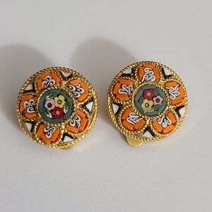 Vintage micro mosaic Italian earrings clip on vtg estate Italy gold excellent !